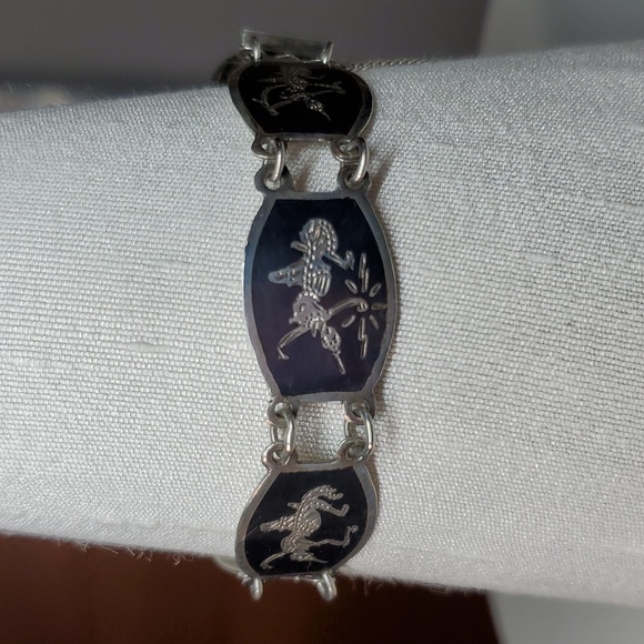 Siam 6.75" Bracelet Sterling Silver 925 Panel Link Thailand Dance Vintage Niello - Picture 5 of 13